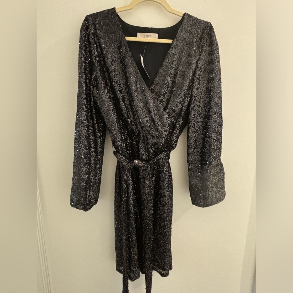 LOFT Black Sequin Wrap Dress